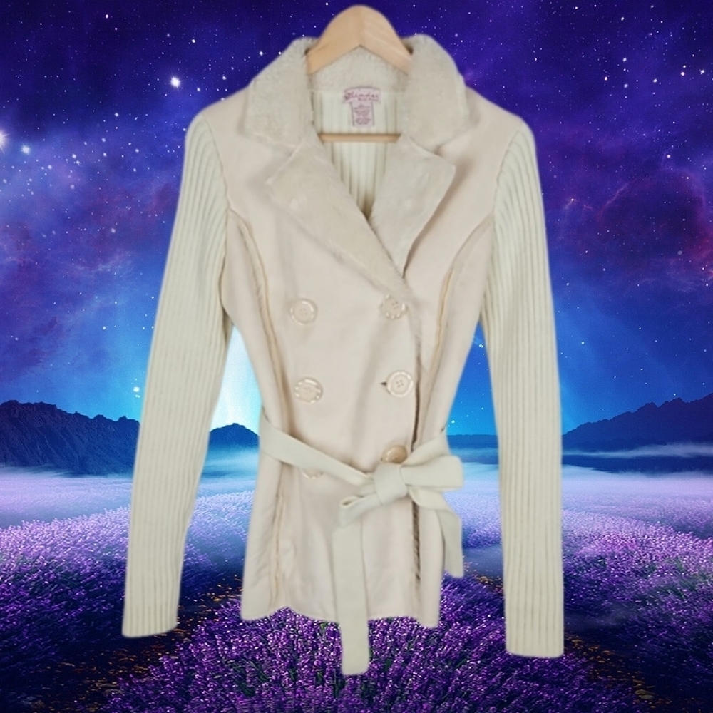 Girls Knit Sweater Jacket with Vegan Fur Collar in Cream, Size L